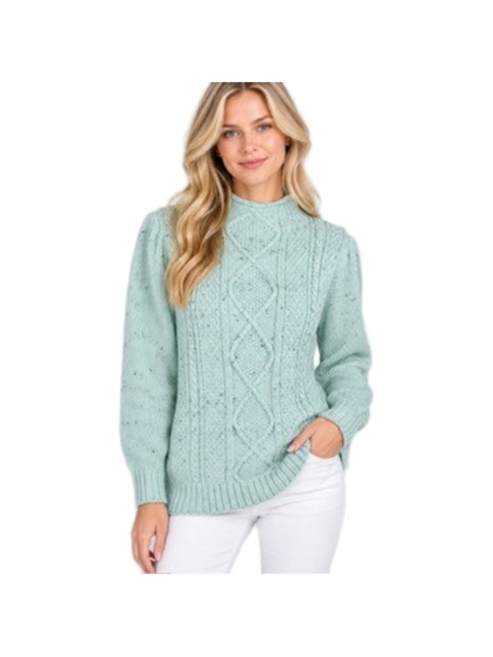 Talbots Cable Knit Mock Neck Sweater Pullover Mint Aqua Teal Fleck Cozy Size XL